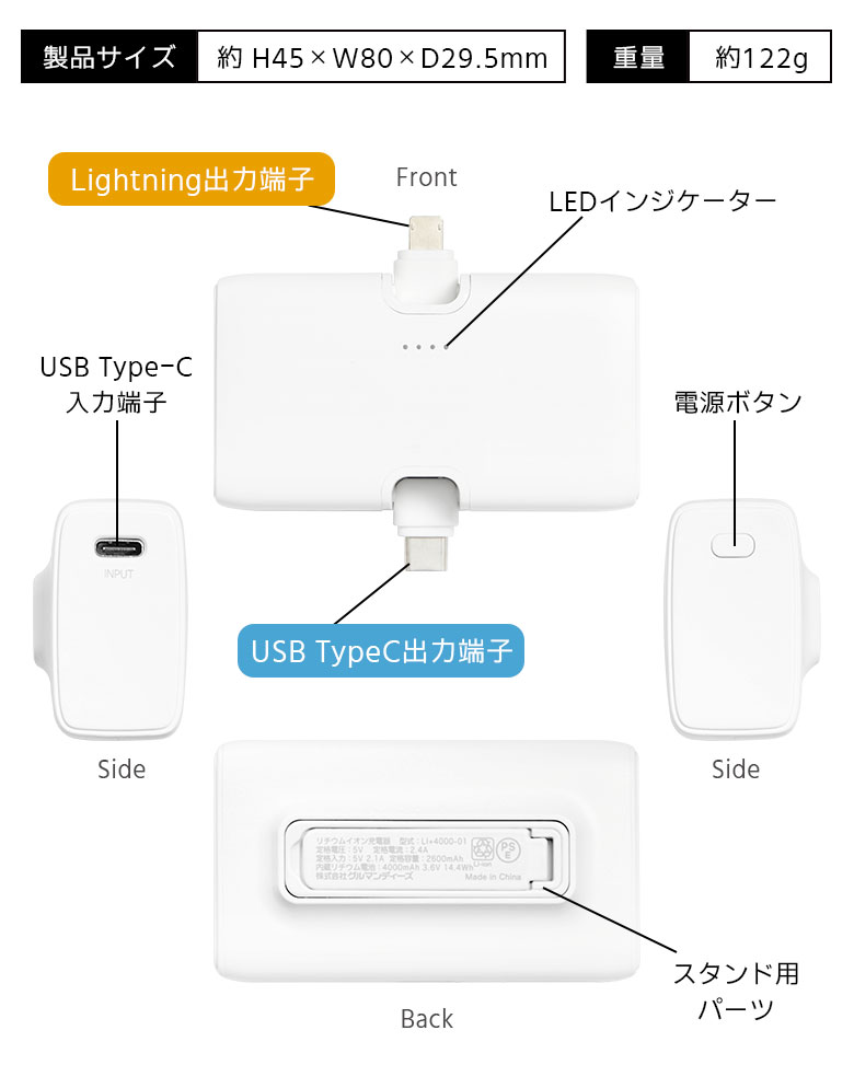  мобильный аккумулятор легкий iPhone. шесть. повседневный 4000mAh Lightning USB Type-C зарядное устройство 2.1A прямой .. маленький размер легкий skr-04