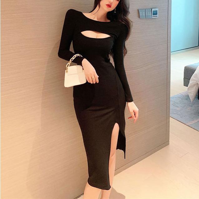  party dress One-piece long sleeve ... tight side slit tight spring summer autumn lady's knees height black clean .ko-te
