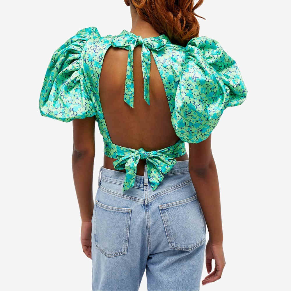 rote-to(Rotate) lady's bare top * tube top * cropped pants tops Rotate Puff Sleeve Top (Clematis Blue Combi)