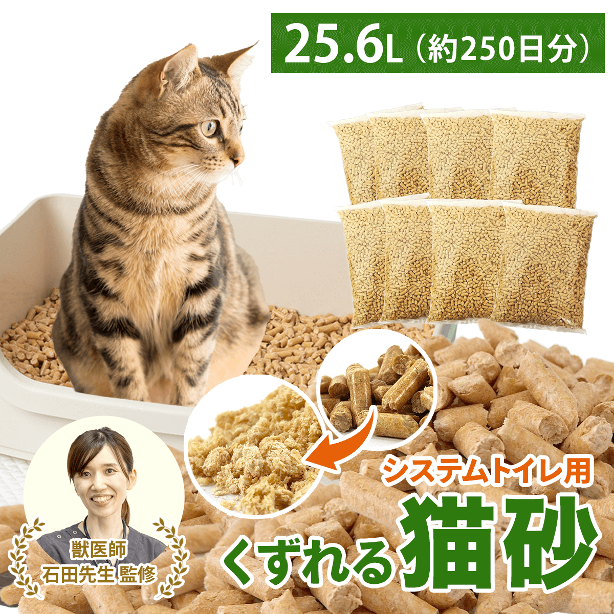 猫砂 木質ペレット システムトイレ用 崩れるタイプ 小分け ラベルなし 2kg（3.2L）×8個 猫砂の商品画像