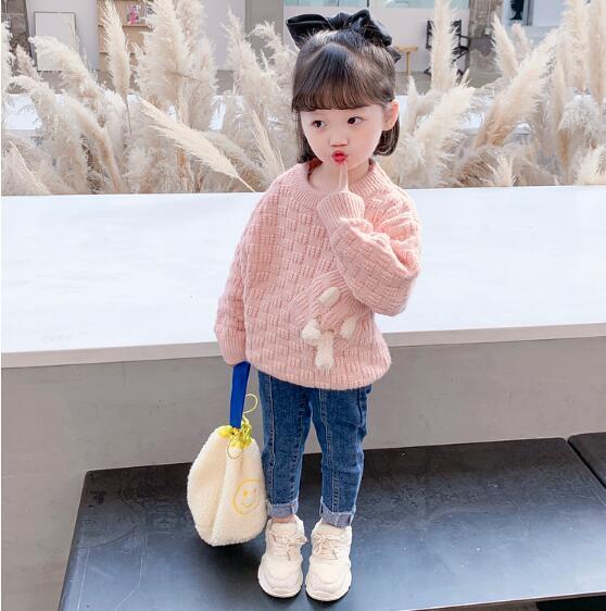  вязаный tops Kids свитер tops девочка cut and sewn длинный рукав круглый вырез ребенок одежда красный модный девочка защищающий от холода осень-зима медведь ..... симпатичный 