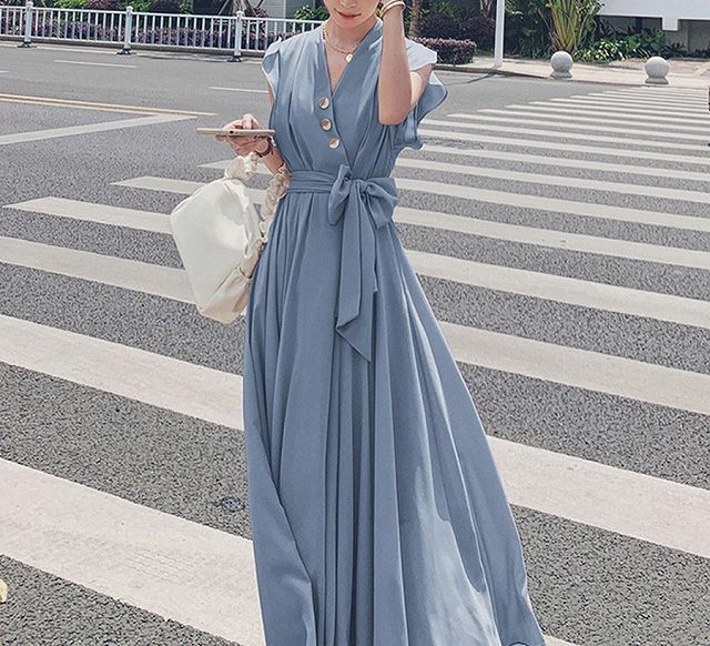 安いクリアランス レディース ワンピース きれいめ ドレス 40代 上品 シフォン パーティー ロング丈 半袖 Vネッ ネット販売中 Ssl Daikyogo Or Jp