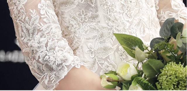 シースルーレース 刺繍 袖あり ロングトレーン Aライン