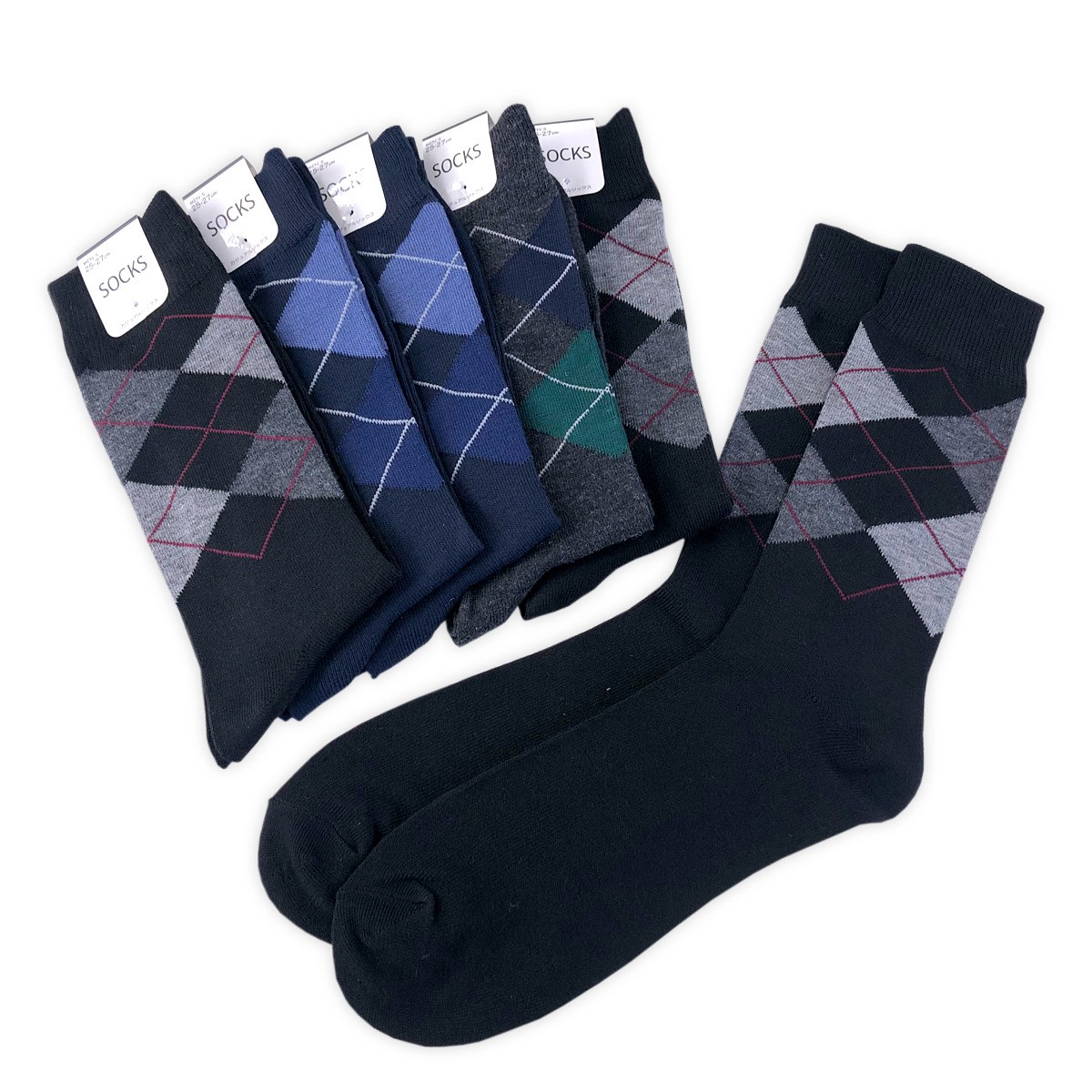 送料無料 6足組セット メンズ 紳士 アーガイル柄 カジュアルソックス