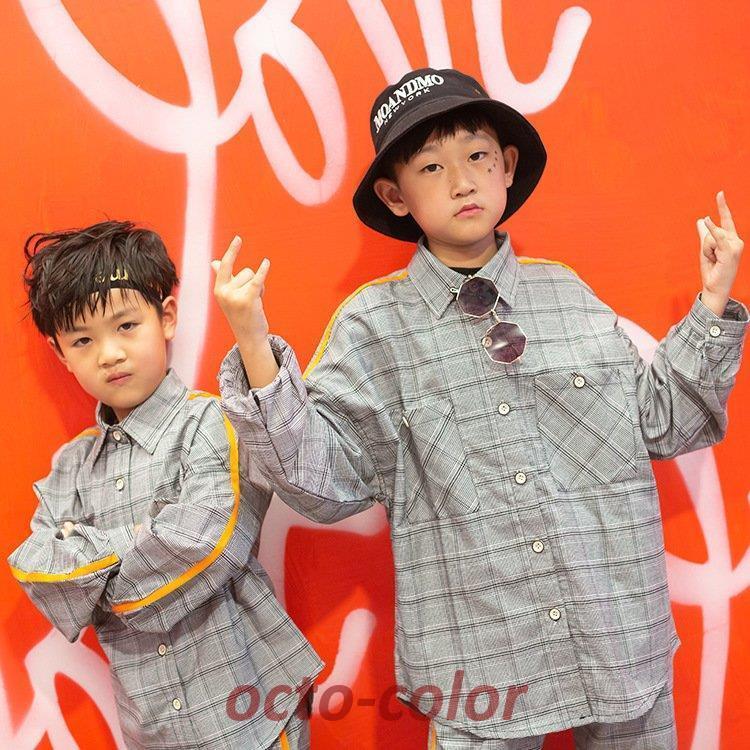  stock disposal dance costume Kids hip-hop shirt long sleeve long pants silver chewing gum check jacket long trousers?