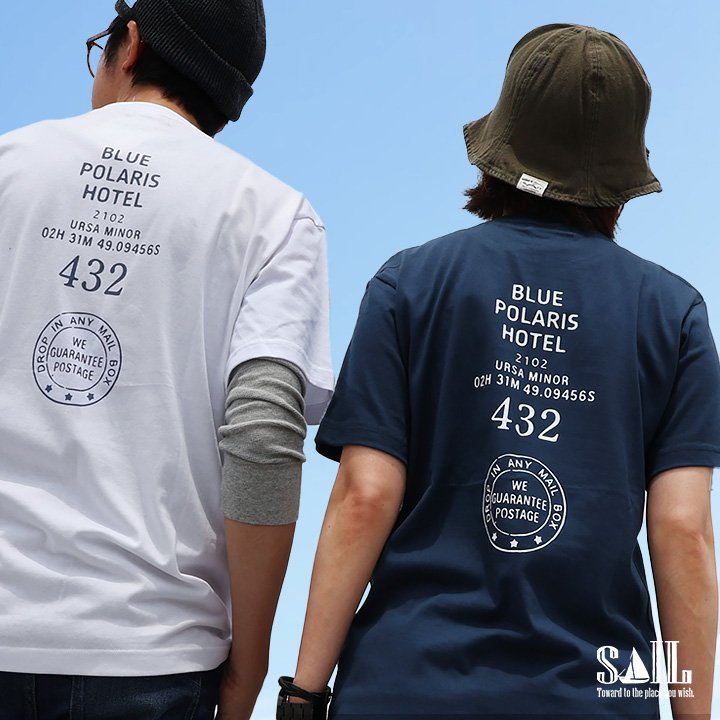 tシャツ 半袖 しっかり 丈夫 コットン 綿100％ 『BLUE POLARIS HOTEL 前後 国内プリント』 夏 パティ セイル
