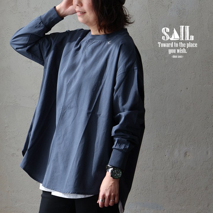 着痩せ チュニック 長袖 カットソー すっきり ワイド ボートネック 秋 配色 リブ 切り替え 薄手 軽い 綿100 パティ セイル