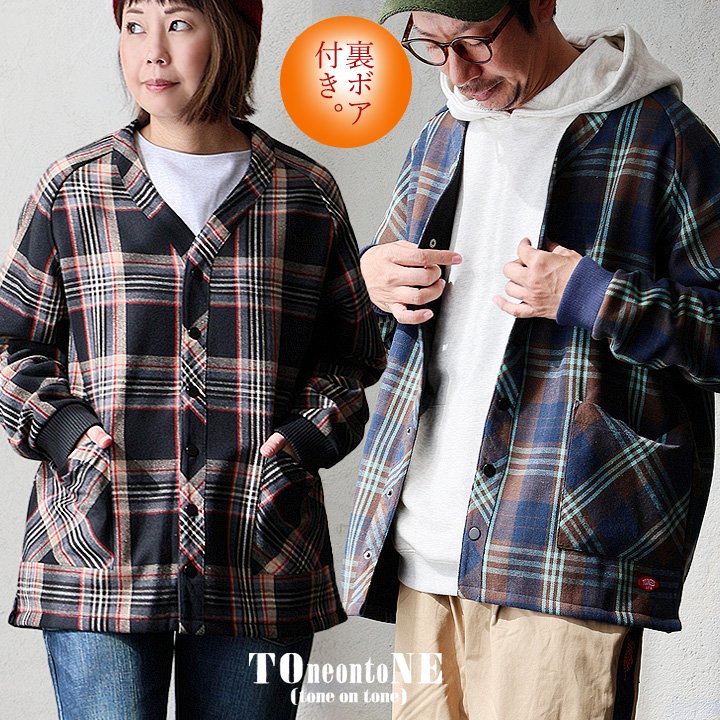 ＰＡＴＹ カーディガン 暖かい 裏フリース 長袖 袖リブ ネルチェック ワイド しっかり 丈夫 起毛 ポケット スナップ パティ トーン