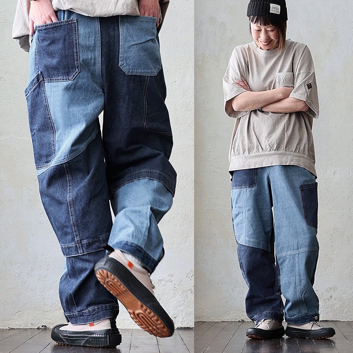 デニムパンツ ストレート ワイド リメイク風 パッチワーク 配色切り替え アシンメトリー ウエストゴム PATY