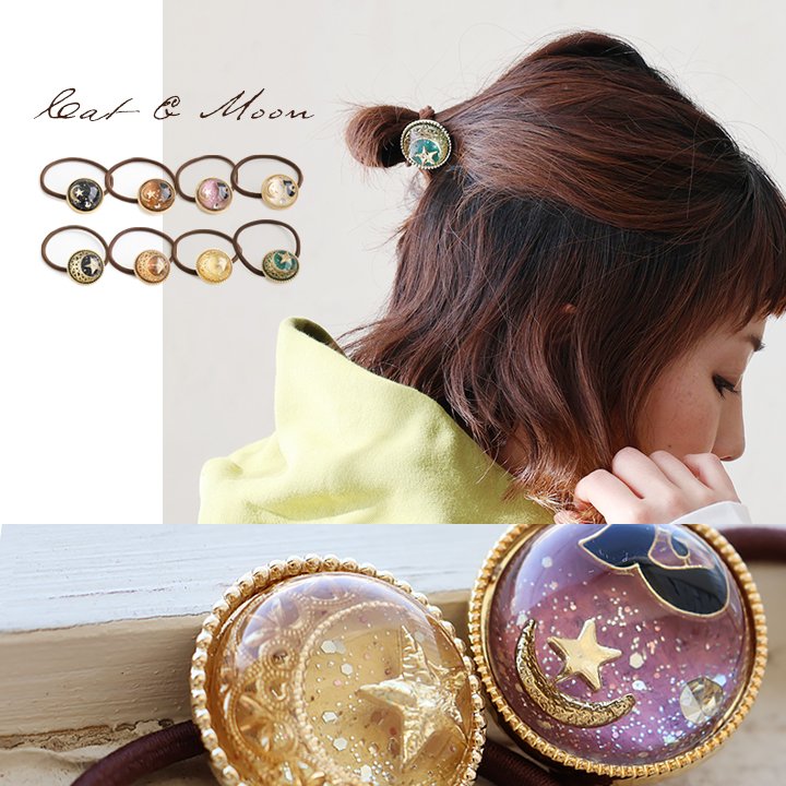 ヘアゴム ヘアブレス ブレスレット ヘア アクセサリー 髪飾り レジン 黒猫 月 星 ドーム型 プレゼント 贈り物 PATY パティ