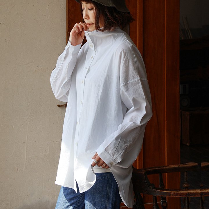 ャツ 長袖 着痩せ 変形ネック ハイネック ボトルネック 綿100％ コットン 薄手 ドライ UV 丈夫 シワ加工 カジュアル パティ