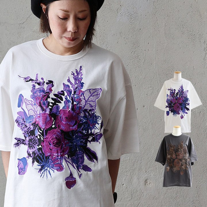レボ(REVO.) Tシャツ 5分袖 クルーネック 花 刺繍 夏 綿100 コットン ゆったり 大きいサイズ 体型カバー カジュアル パティ