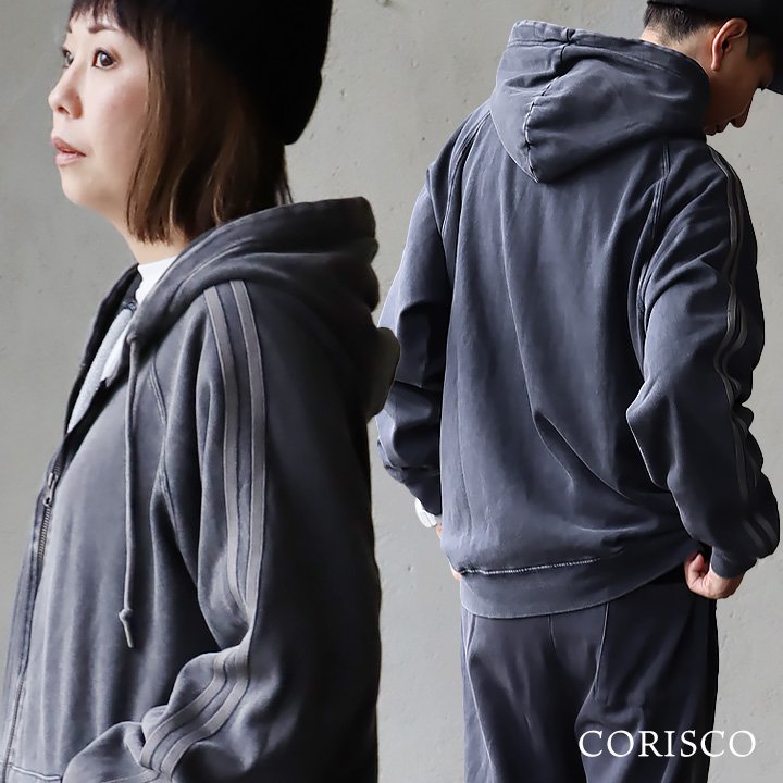 コリスコ(CORISCO) パーカー ジップパーカー トラックパーカー 長袖 袖ライン スノーウォッシュ 褪せ色 裏起毛 暖かい 伸縮性 パティ