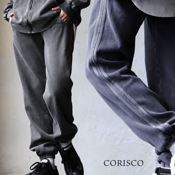 コリスコ(CORISCO) パンツ トラックパンツ ストレート ワイド 配色ライン スノーウォッシュ 裏起毛 暖かい ウエストゴム 紐付き パティ