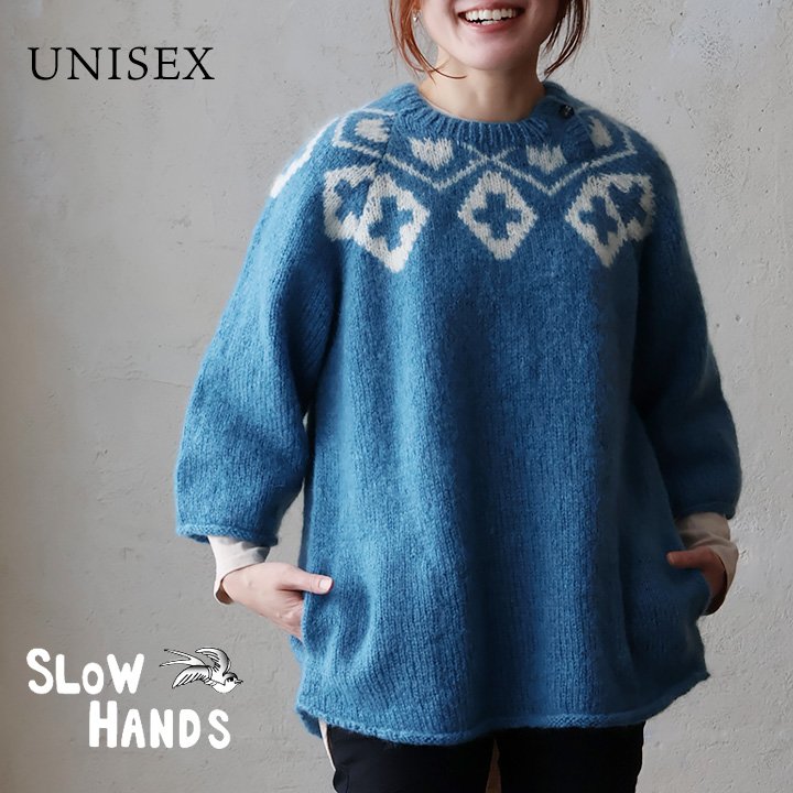 スローハンズ ニット 5分袖 重ね着 クルーネック ノルディック柄 ブラック モヘア 暖かい 厚手 伸縮性 パティ