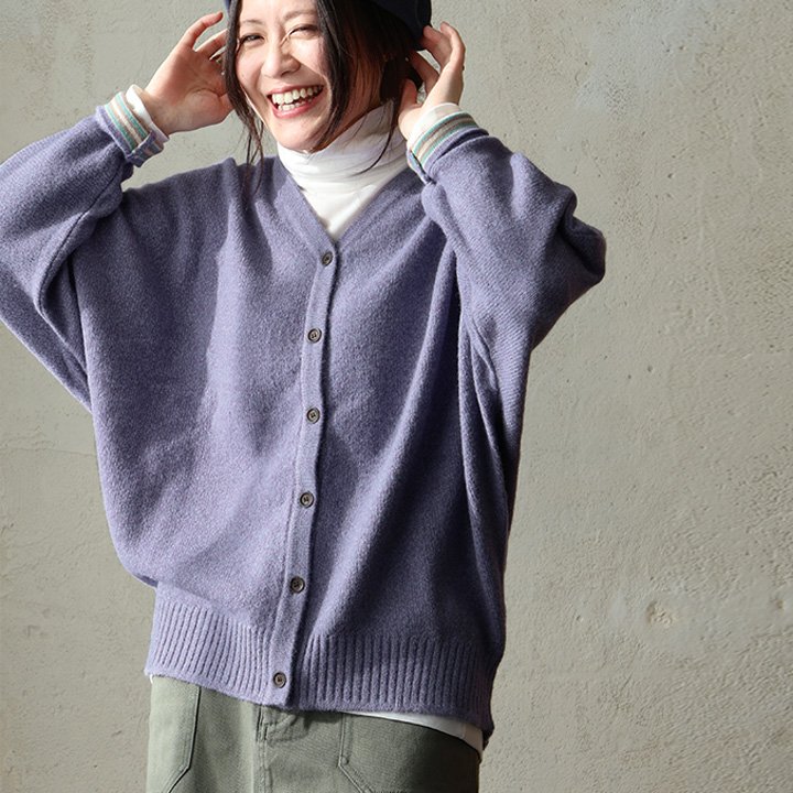 カーディガン カーデ 長袖 Vネック 重ね着 ドルマン ワイド 着痩せ すっきり 袖裏切り替え ボーダー ニット パティ