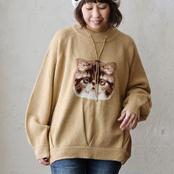 ニット 長袖 クルーネック ネコ 猫 ジャガードニット エルボーパッチ スピンドル パティ