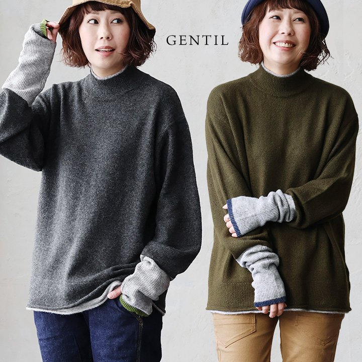 ニット 長袖 ハイネック レイヤード 重ね着 配色切り替え ラメ サムホール 指穴 アクリル ウール 伸縮性 パティ ジャンティ