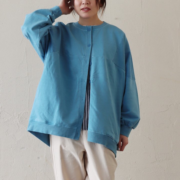 カーディガン カーデ 長袖 スウェット クルーネック ミニ裏毛 綿100 コットン シアサッカー ピグメント 着痩せ パティ