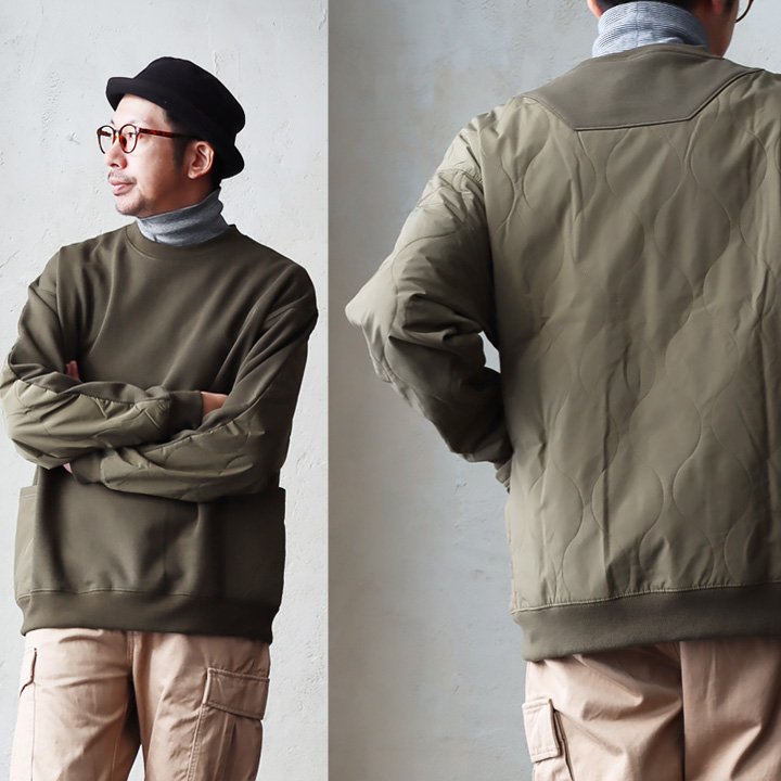 スウェット トレーナー 長袖 異素材切り替え 裏起毛 中綿キルティング 暖かい 防寒 保温性 ゆったり 体型カバー パティ