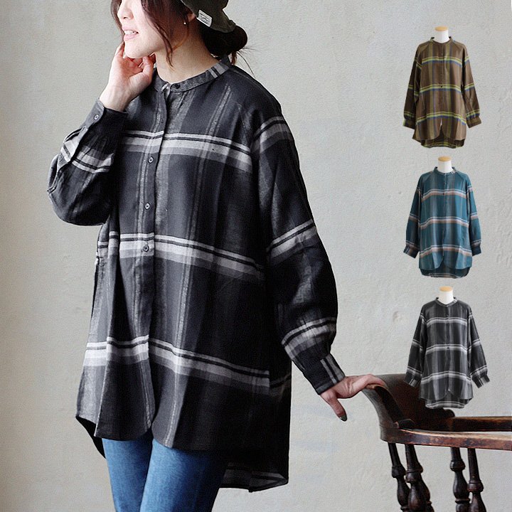 チュニック シャツ 長袖 バンドカラー お尻隠れる チェック柄 大判 アクリル100 薄手 軽い 伸縮性 ラグラン ゆったり パティ
