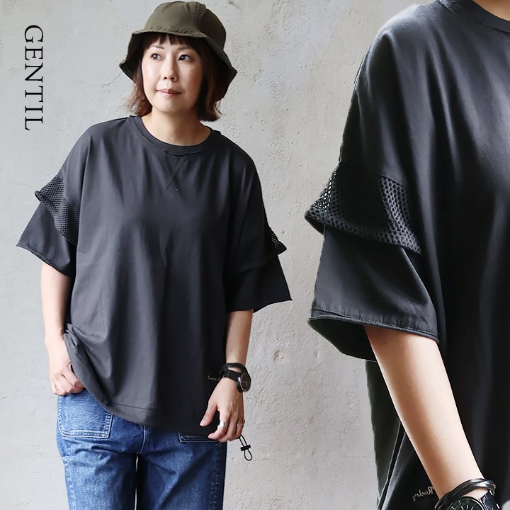 Ｔシャツ 半袖 クルーネック 袖メッシュ シアー 切り替え ロゴ刺繍 綿100 コットン 天竺 伸縮性 着痩せ パティ ジャンティ