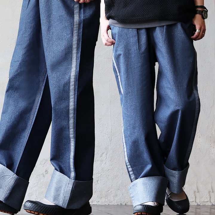 パンツ ストレート ワイド ラメ デニム 配色ライン ロールアップ コットン ポリエステル ノンストレッチ しっかり生地 ウエストゴム パティ