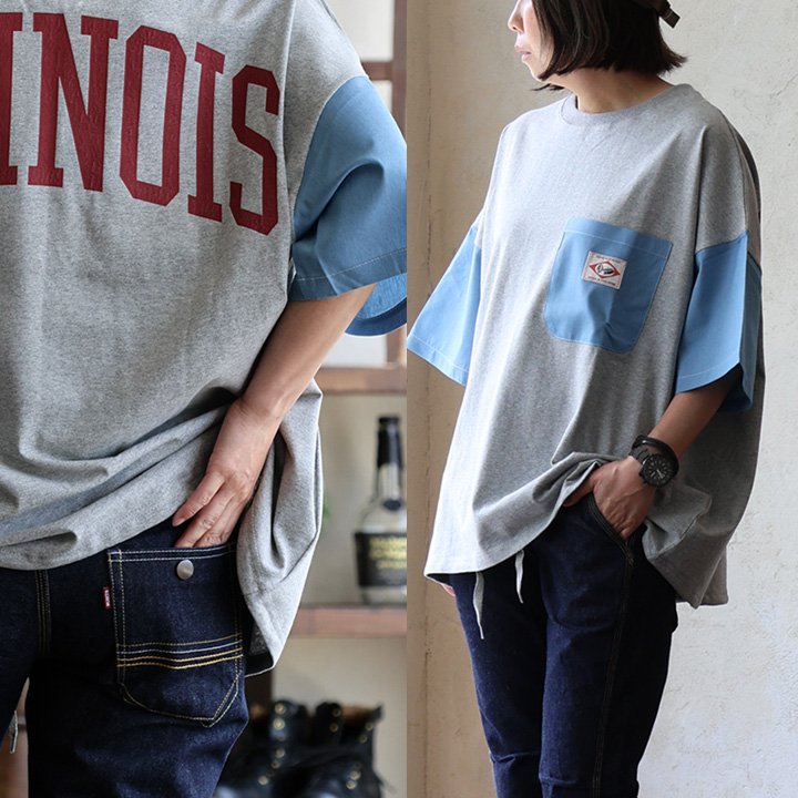 Tシャツ 5分袖 クルーネック 配色 異素材切り替え 綿100 コットン天竺 シャンブレー ロゴプリント パティ