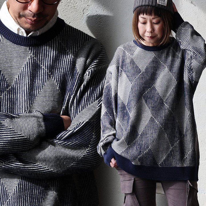 モデムデザイン(modem Design) ニット 長袖 クルーネック 天竺編み 配色 アクリル ウール 伸縮性 厚手 暖かい パティ モデムデザイン