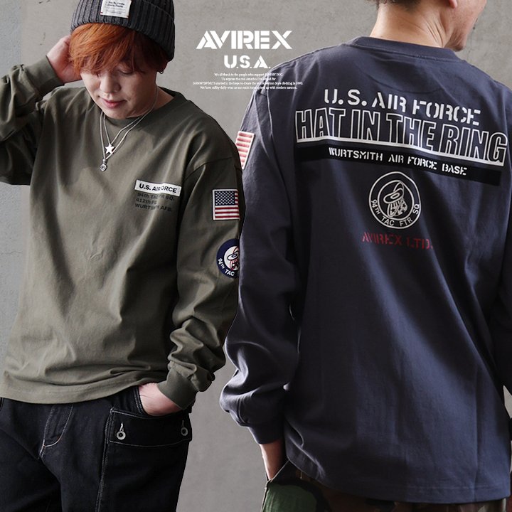 AVIREX(アヴィレックス) アビレックス カットソー 長袖 クルーネック ワッペン バックプリント ロゴ 綿100 コットン 袖リブ パティ