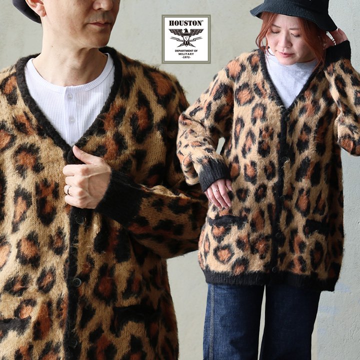 カーディガン 長袖 Vネック 重ね着 レオパード 総柄 モヘア アクリル 暖かい 軽い ゆったり パティ ヒューストン