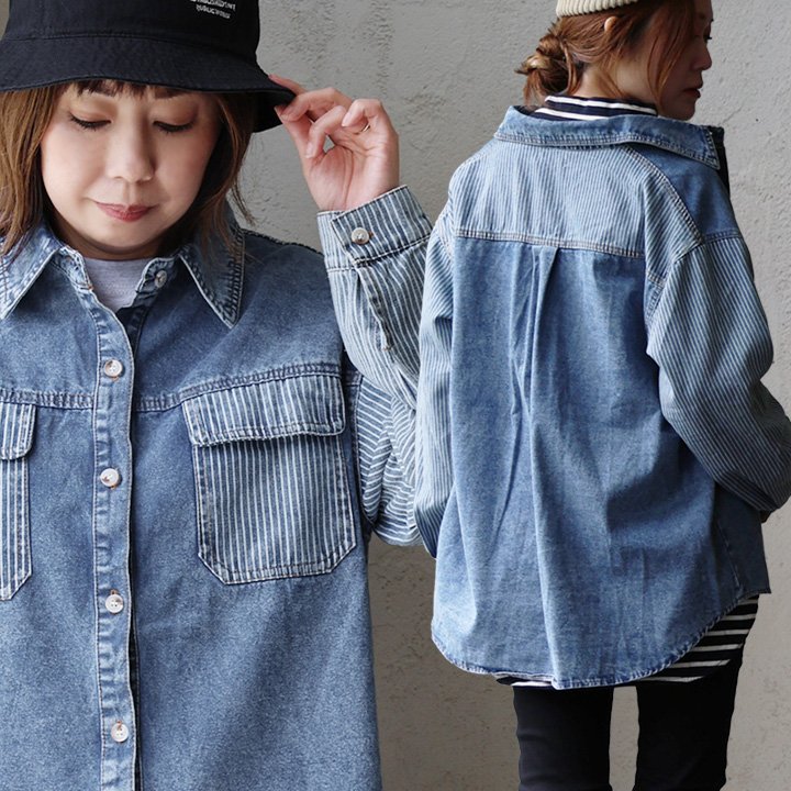 シャツ 長袖 レギュラーカラー コットン ポリエステル デニム ヒッコリー 胸ポケット 薄手 軽い 体型カバー パティ ジャンティ