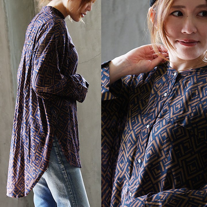 シャツ バンドカラー 長袖 お尻隠れる 総柄 プリント 薄手 シアー 透け感 コットン レーヨン 重ね着 秋 パティ