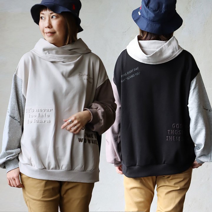 スウェット トレーナー 長袖 配色プリント ロゴ コットン ポリエステル 立体ネック カシュクール 袖リブ パティ