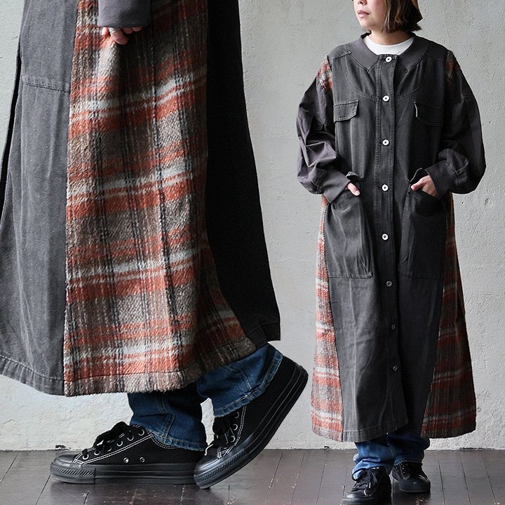 コート ロングコート ロング丈 クルーネック 綿100 コットン デニム ツイル チェック柄 シャギー 異素材切り替え 袖リブ ゆったり パティ