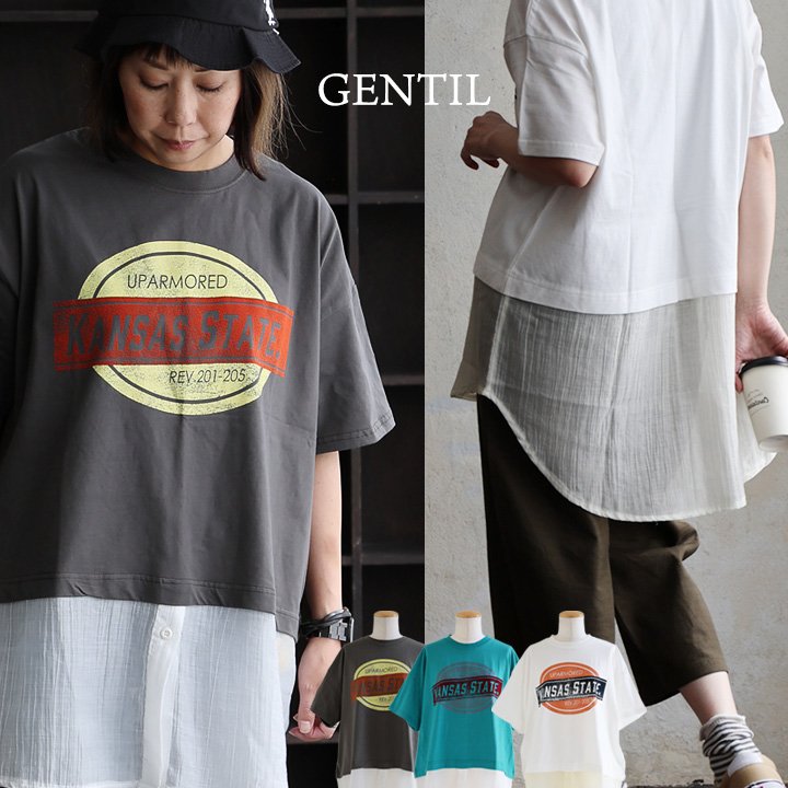 Tシャツ 半袖 クルーネック ロゴプリント レイヤード 重ね着 異素材切り替え 綿100 コットン 薄手 着痩せ パティ ジャンティ