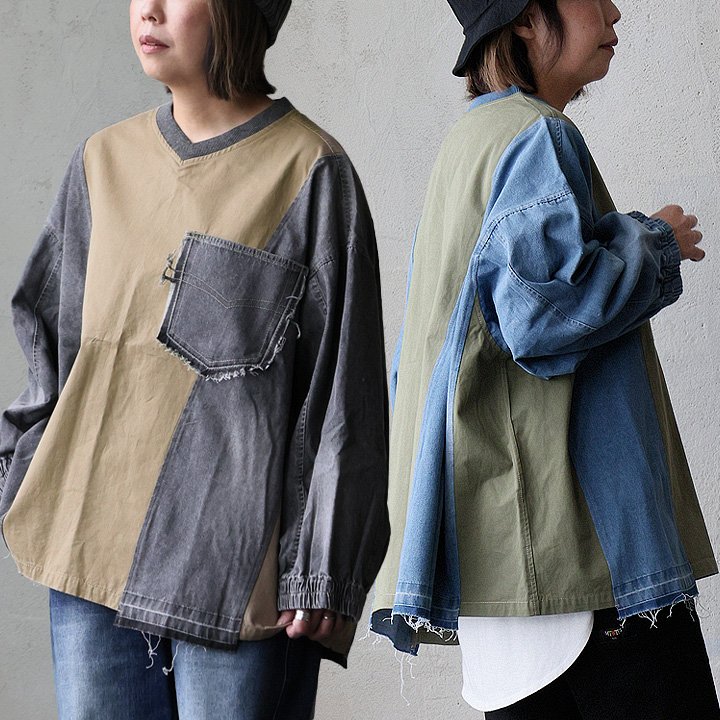 カットソー 長袖 Vネック リメイク風 綿100 コットン ツイル デニム 異素材切り替え ゆったり 体型カバー パティ