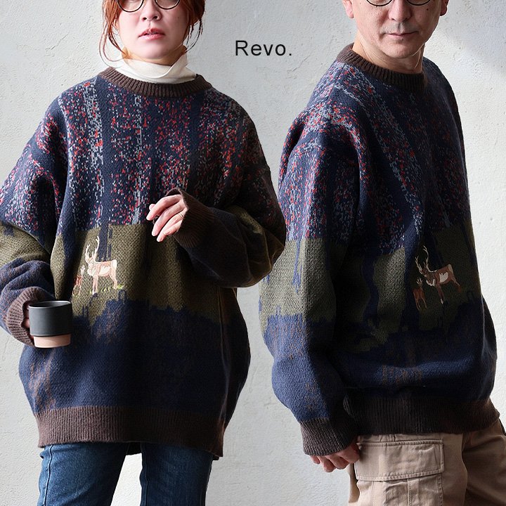 レボ(REVO.) ニット 長袖 クルーネック ポリエステル アクリル ジャガード ニット 刺繍 アニマル ゆったり 体型カバー パティ