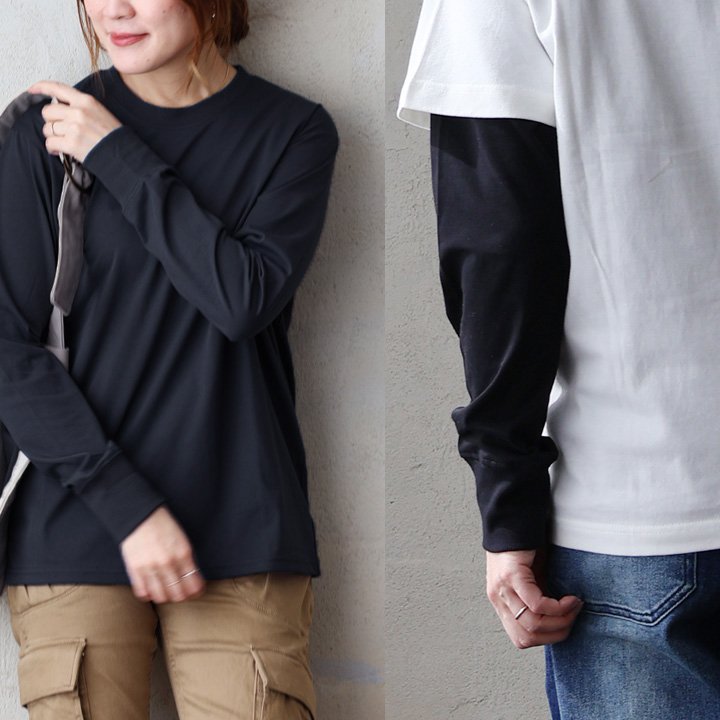 カットソー 長袖 クルーネック 重ね着 無地 袖リブ コットン ポリエステル ストレッチ 接触冷感 涼しい パティ