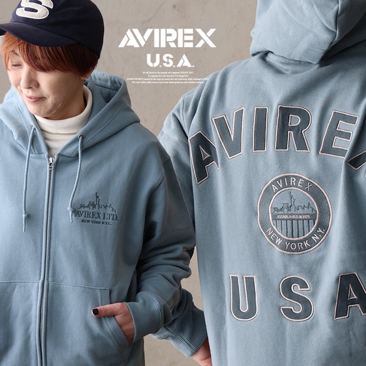 AVIREX(アヴィレックス) アビレックス パーカー ジップパーカー 長袖 バックロゴ フェルトパッチ T/C裏毛 タフ 重ね着 パティ