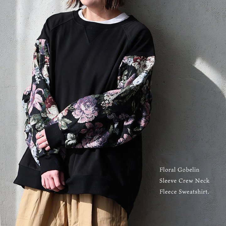 スウェット 長袖 クルーネック 綿100 コットン 裏毛 ゴブランジャガード 刺繍 異素材切り替え ゆったり パティ