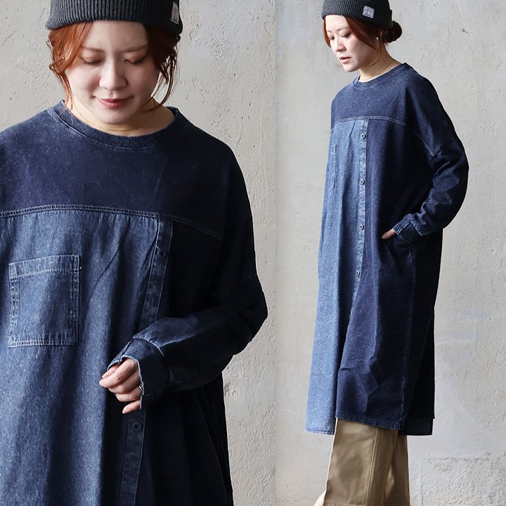 ワンピース クルーネック 綿100 コットン 裏毛 デニム ケミカル加工 褪せ色 アシンメトリー 体型カバー カジュアル 秋 冬 春 パティ
