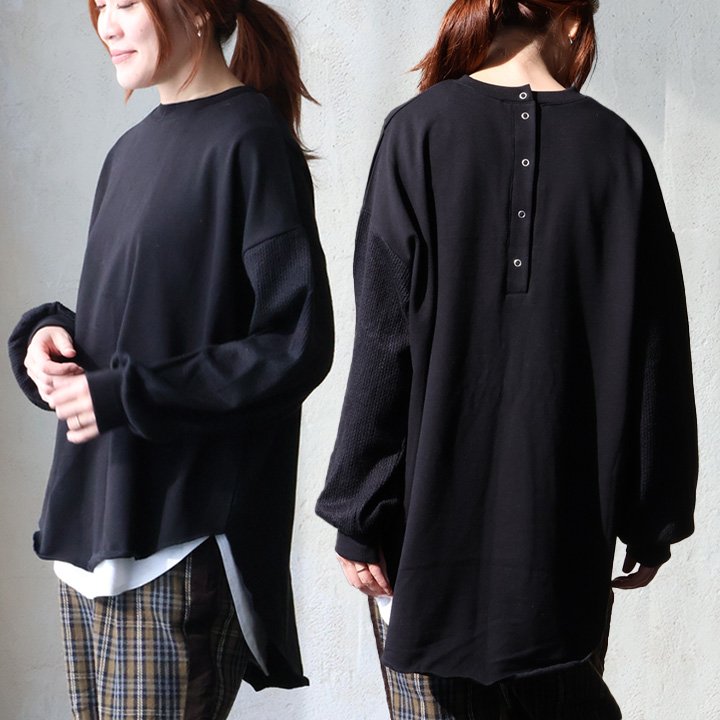 チュニック 長袖 ヘンリーネック ボタン 無地 異素材切り替え 裏毛 袖リブ 伸縮性 大きいサイズ 体型カバー カジュアル 秋 冬 春 パティ