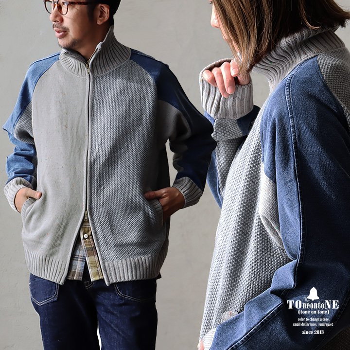 ＰＡＴＹ カーディガン デニム ニット ジップアップ ロング ワイド ダブルジップ 秋冬 暖かい ポケット ラグラン パティ トーン