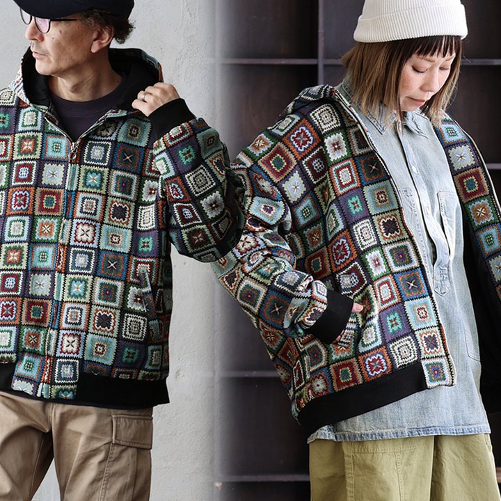 レボ(REVO.) アウター ブルゾン 長袖 フード付き クロシェ編み ゴブラン織り 総柄 裏地付き 袖リブ パティ