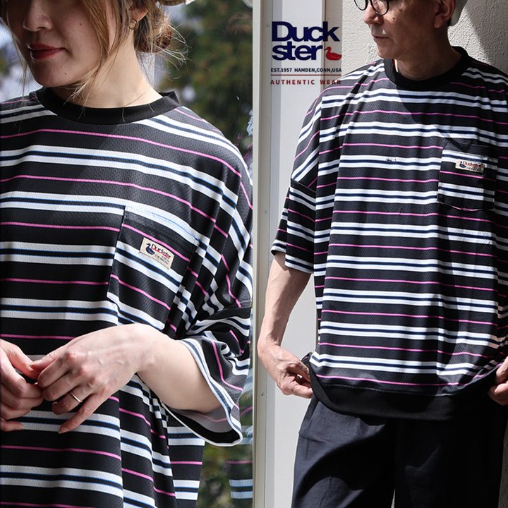 ダックスター Tシャツ ポケT 5分袖 ハニカムボーダー DUCK 通気性 吸汗速乾 ドロップショルダー ワイド レトロ