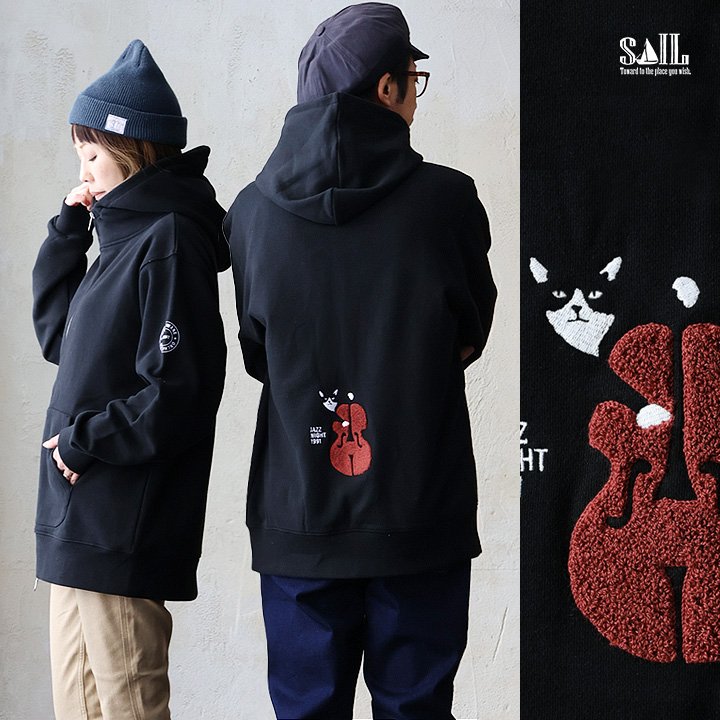 パーカー スウェット ジップアップ ハイネック 長袖 裏毛 綿100 USAコットン ハチワレ ネコ サガラ 刺繍 パティ セイル