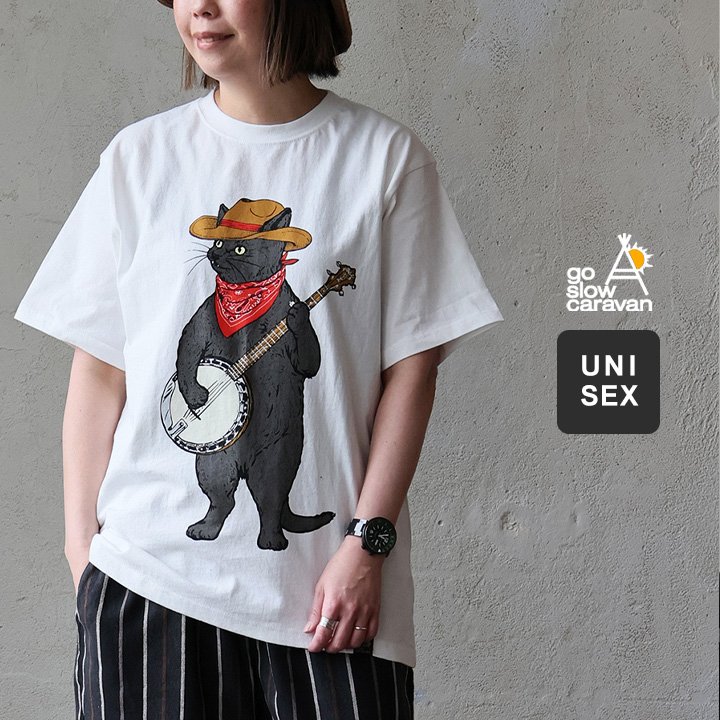 ゴースローキャラバン Tシャツ 半袖 クルーネック ネコ 猫 アニマルプリント 米綿100 USAコットン 薄手 パティ
