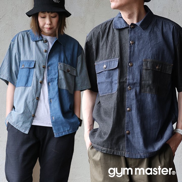 ジムマスター(gymmaster) ジムマスター シャツ デニムシャツ 5分袖 前開き 配色 デニム 綿100 コットン 薄手 軽やか 柔らか 涼しい パティ