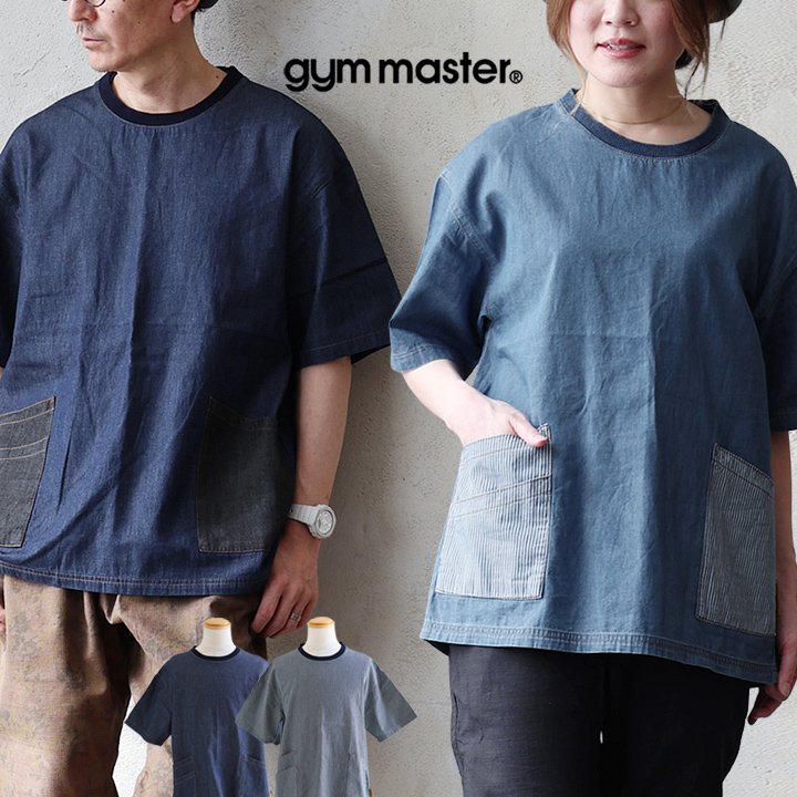 ジムマスター(gymmaster) ジムマスター Tシャツ 5分袖 クルーネック ライトデニム 綿100 コットン 薄手 軽い 通気性 ポケット パティ